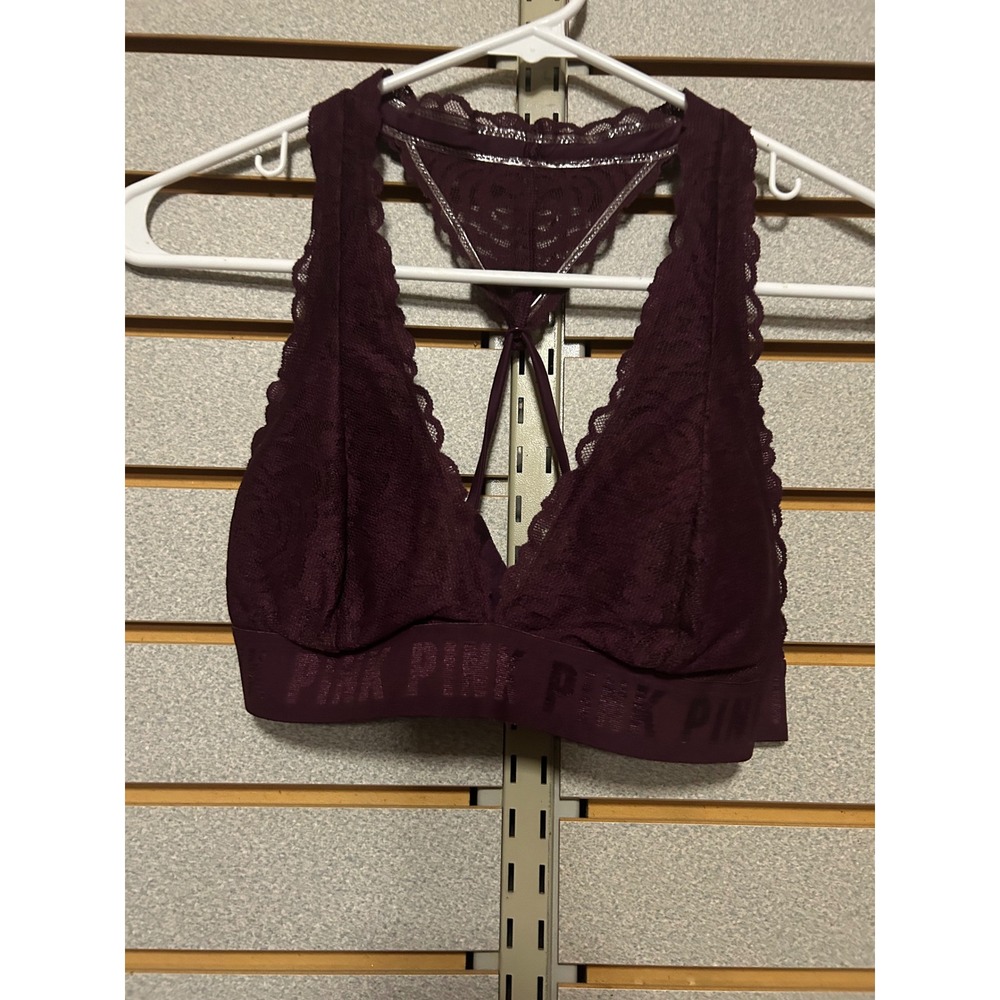 Victoria's Secret PINK Burgundy Floral Lace Racerback Bralette Logo Band Medium